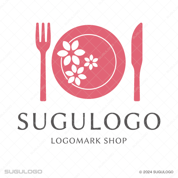 プレートと花をモチーフにしたエレガントなレストラン&飲食店ロゴ