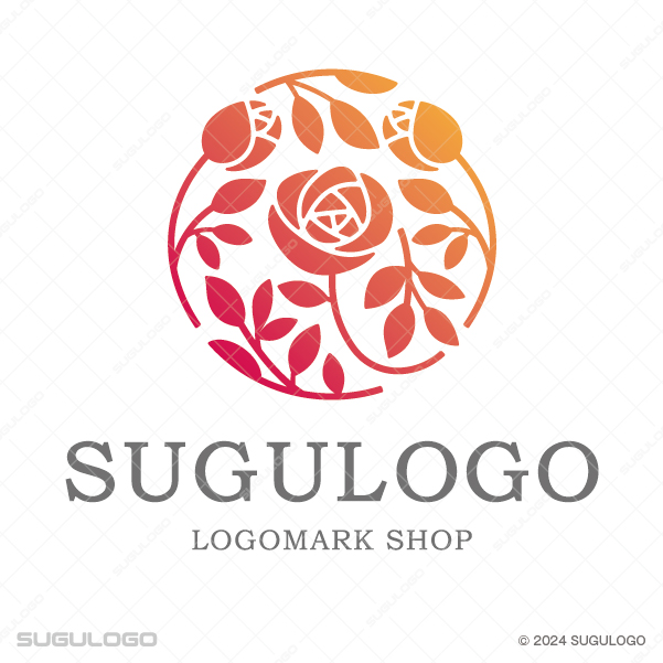 円形の中で薔薇と蕾が優雅に舞うロゴデザイン