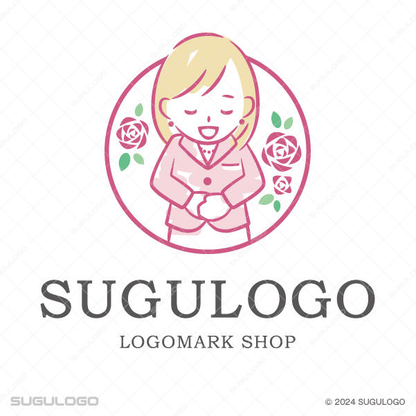お辞儀する女性とバラを組合せた親しみやすい円形ロゴデザイン