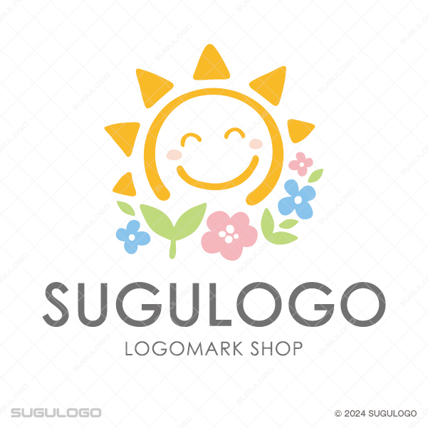 笑顔の太陽と花がモチーフの明るく温かみあるスマイルロゴ
