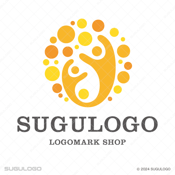 円(ドット)に包まれた親子(大人と子供)の繋がりを表現したロゴデザイン