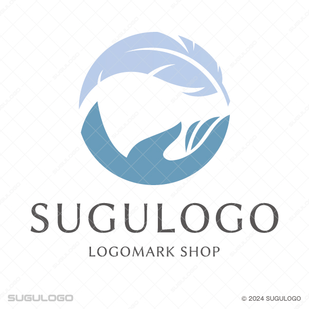 優しく包み込む手と、舞い上がる羽がモチーフの円形ロゴ