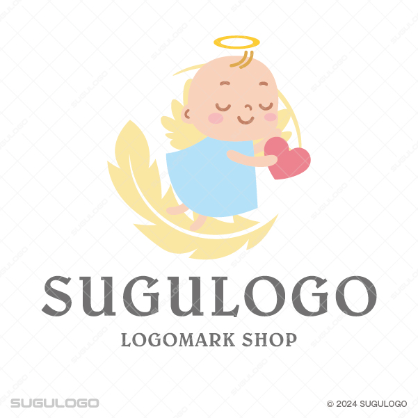 ハートを抱えたかわいい天使の赤ちゃんのイラストロゴ