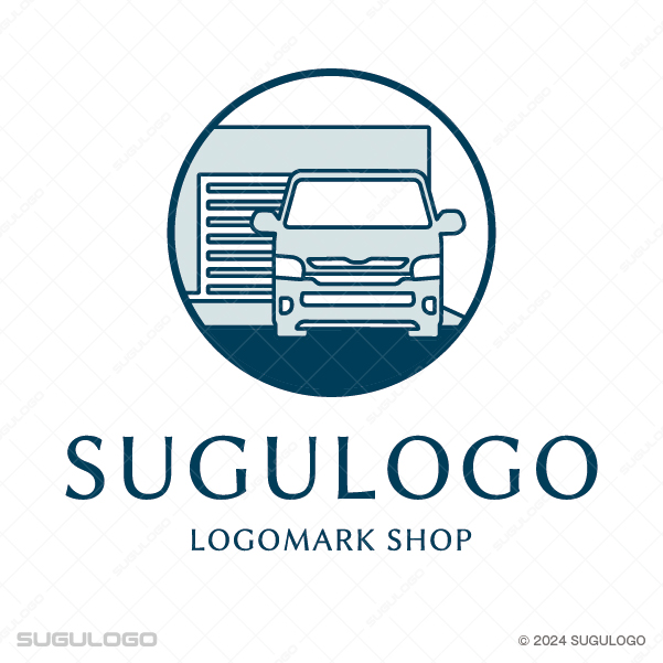 車両とシャッター付き倉庫をモチーフにした円形エンブレムロゴデザイン