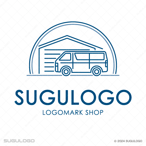 ガレージ(倉庫)と自動車(ワンボックスカー)をモチーフに線画で表現したロゴデザイン