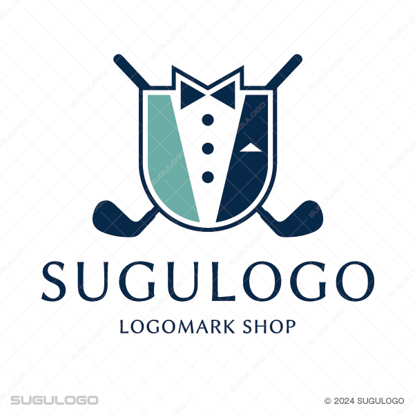 タキシードとゴルフクラブを組合せた紋章(エンブレム)ロゴデザイン