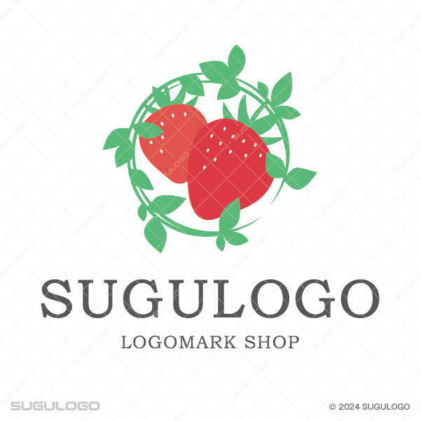 重なり合う2つの苺(イチゴ)を葉のリースで囲んだナチュラルなロゴデザイン