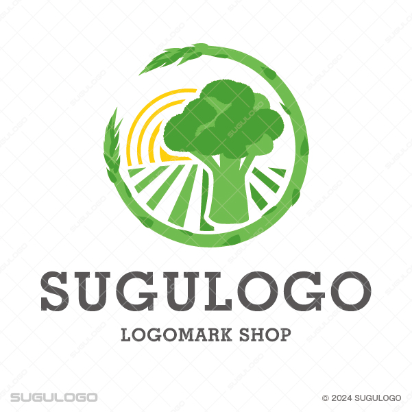 円形の中にブロッコリーとアスパラガス、太陽の光を描いた、素材の鮮度と豊かな実りを象徴する野菜のロゴ。