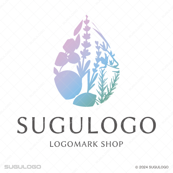 雫の中にラベンダーとローズマリーを繊細に描いた、芳醇な香りと自然の癒やしを象徴する美しいハーブロゴ。