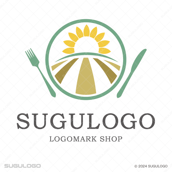 円形の中に太陽と農道、フォークとナイフを描いた、地産地消と豊かな食文化を象徴する爽やかなロゴマーク。