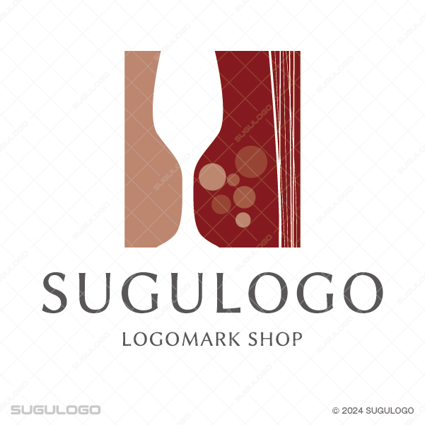 ワイングラスの形を抜き出し、背景にワインの色彩とブドウを配した、洗練された都会的なワインロゴデザイン。