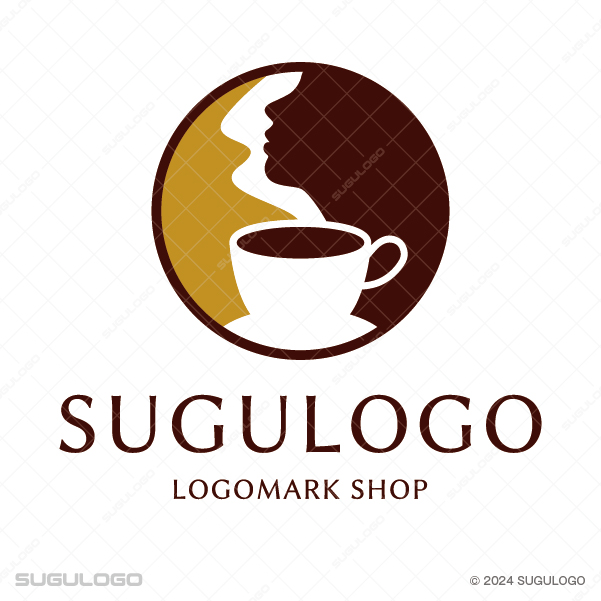 円形の中にコーヒーカップと湯気で描かれた横顔を配した、芳醇な香りと至福の休息を象徴するお洒落なロゴ。