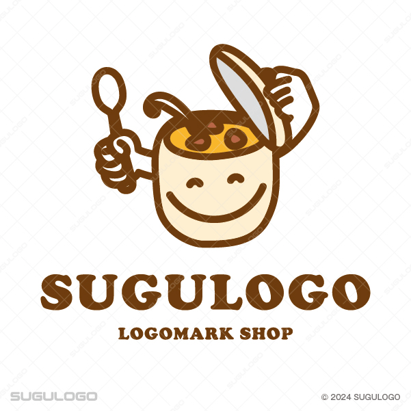 笑顔の鍋が蓋を開けてスプーンを持つ、手料理の温かさと楽しさを象徴する可愛らしいキャラクターロゴ。