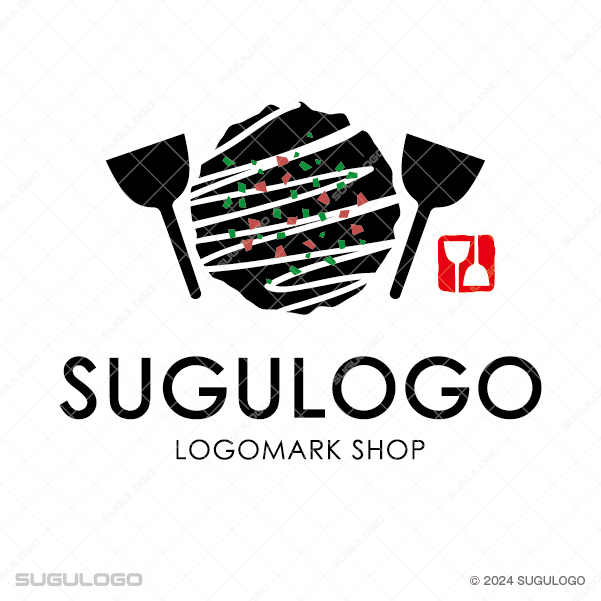 ソースと青のりがかかったお好み焼きと2本のヘラを描いた、鉄板料理の活気を象徴する親しみやすいロゴ。