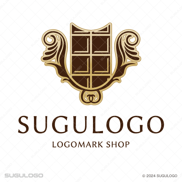 エレガントな円形の装飾枠に板チョコレートを配した、高級感と伝統的な格式を象徴する美しいロゴデザイン。