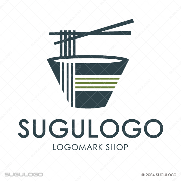 丼に入った麺の上に箸が置かれた様子を直線で表現した、モダンでミニマルな和食・飲食店のロゴデザイン。