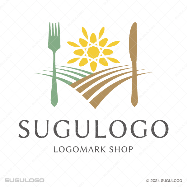 太陽が昇る農園の風景を背景に、フォークとナイフを配置した食と自然がテーマのロゴデザイン。