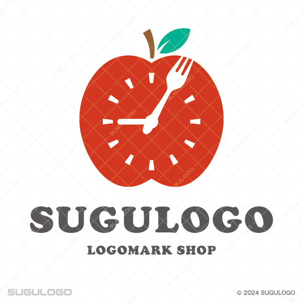 リンゴの中に時計の文字盤とフォークの針が描かれた、食と時間をテーマにしたユニークなロゴデザイン。