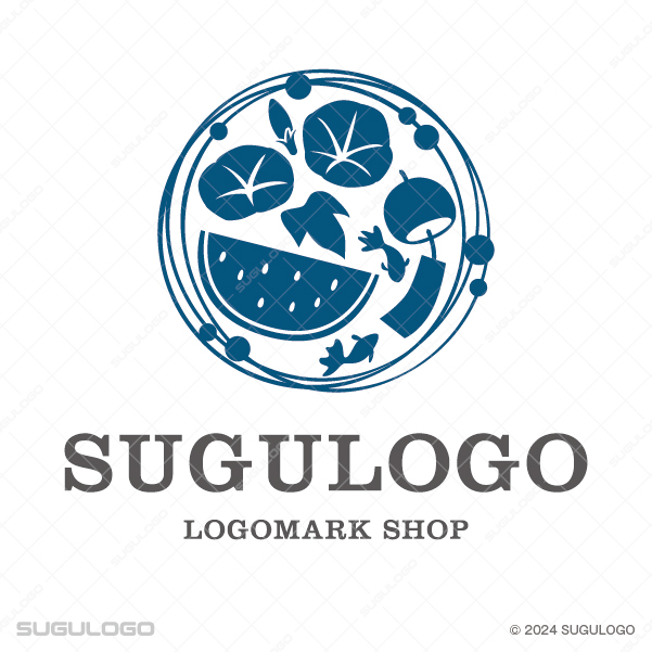 朝顔、スイカ、金魚、風鈴など夏のモチーフを丸い枠の中に詰め込んだ、季節感あふれる和風のロゴデザイン。