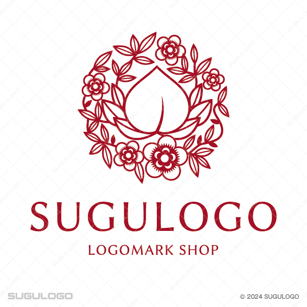 桃の実と花々が円形にデザインされた、中華の伝統と華やかさを感じさせる縁起の良い印象のロゴデザイン。