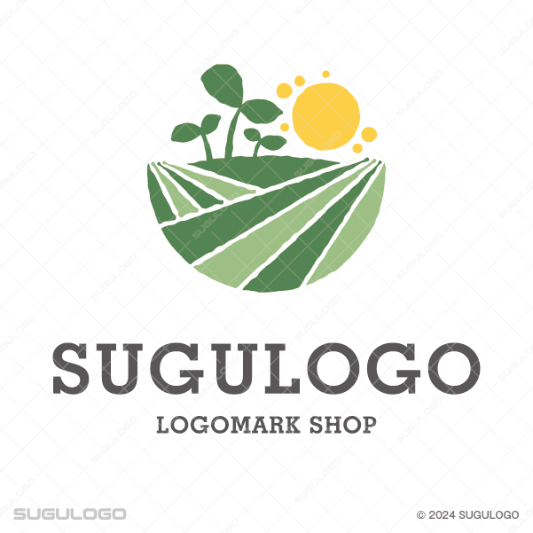広がる田園風景から苗が芽吹き、太陽が輝く様子を優しく描いた、農業や自然を感じさせるロゴデザイン。