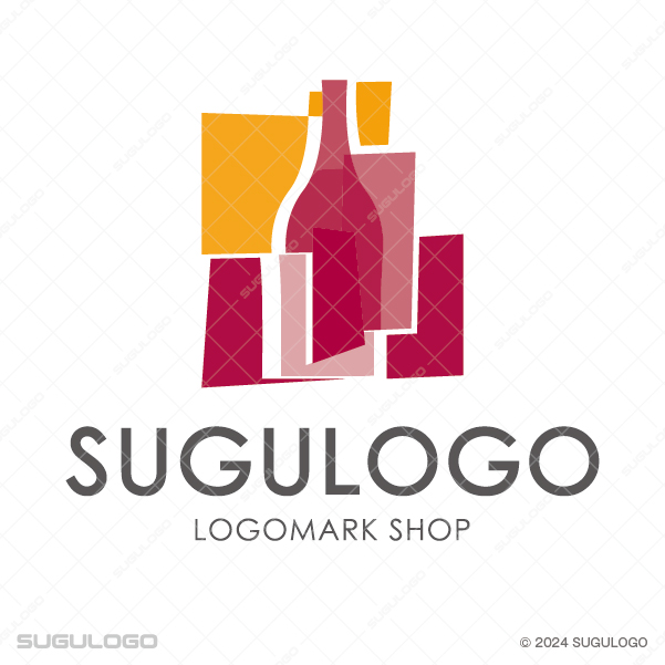 複数の長方形が重なる背景にボトルのシルエットを組み合わせた、モダンで芸術的な印象の抽象ロゴマーク