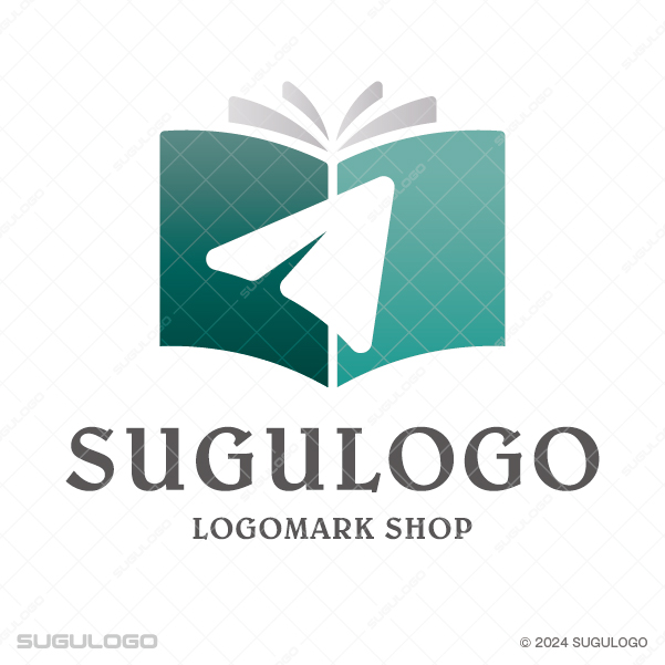 開いた本の中から白い紙飛行機が飛び出す様子を描いた、学びと飛躍をイメージさせるグリーンのロゴマーク