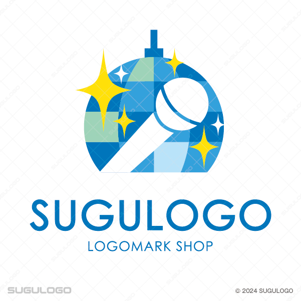 ミラーボールとマイク、キラキラとした星が描かれた、華やかで音楽やイベントを連想させるロゴマーク