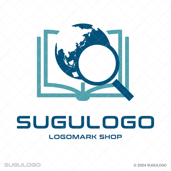 開いた本の上に地球儀と虫眼鏡が描かれた、調査やグローバルな学びをイメージさせるブルーのロゴマーク