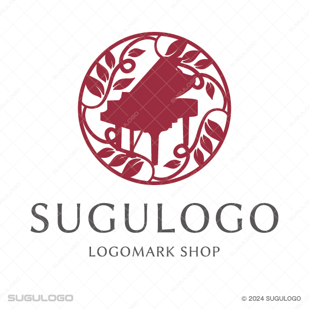 円形の枠の中にグランドピアノと蔓植物がエレガントに描かれた、音楽教室や演奏家向けのクラシックなロゴ