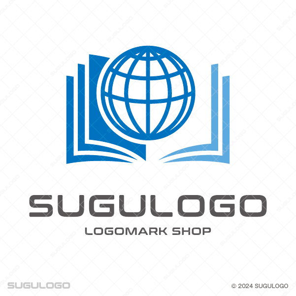 見開いた本の上に地球儀のシルエットが描かれた、知性とグローバルな広がりを感じさせるブルーのロゴマーク