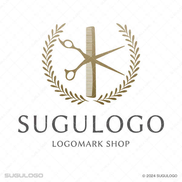 ハサミと櫛を月桂樹が囲む、ゴールドカラーの落ち着いた格式高いヘアサロン・美容院向けロゴマーク