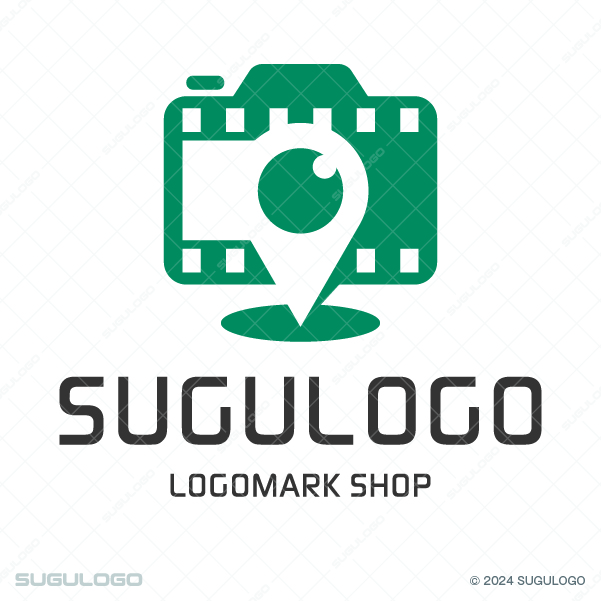 カメラとフィルムの図形に位置ピンが重なった、場所を特定した撮影や映像制作をイメージさせるロゴマーク