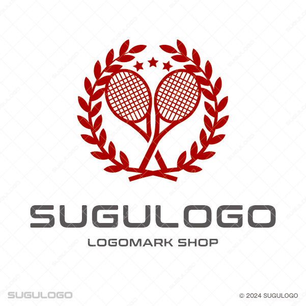 2本のテニスラケットと星を月桂樹が囲む、勝利と伝統をイメージさせるクラシックなスポーツロゴマーク