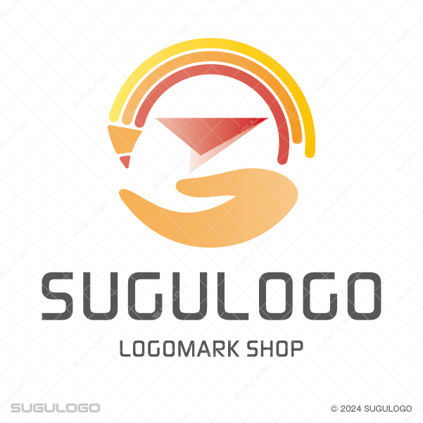 手の上に鉛筆の虹と紙飛行機が描かれた、教育や創造的な飛躍をイメージさせる温かみのあるロゴマーク