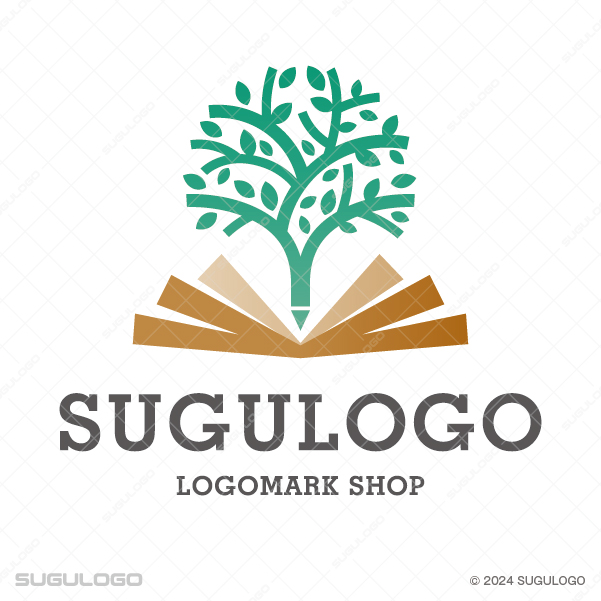 開いた本から鉛筆の幹を持つ木が成長している、知識の芽生えと才能の開花をイメージさせる教育的なロゴマーク
