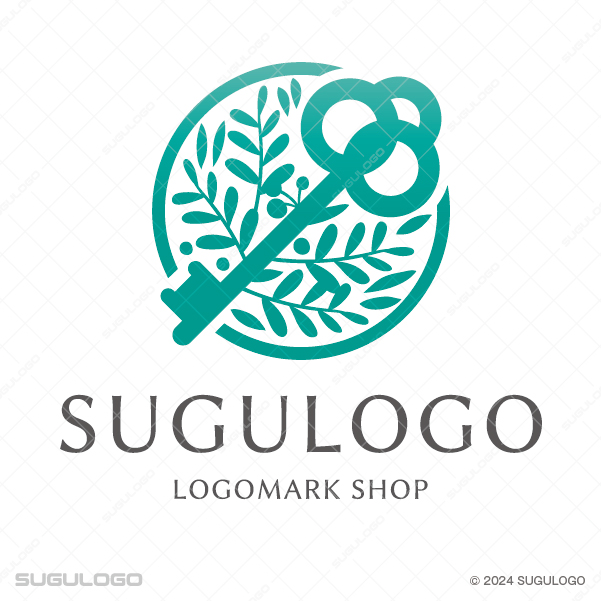 円の中に鍵と植物の枝が描かれた、安全な守りと未来への成長をイメージさせるナチュラルで知的なロゴマーク