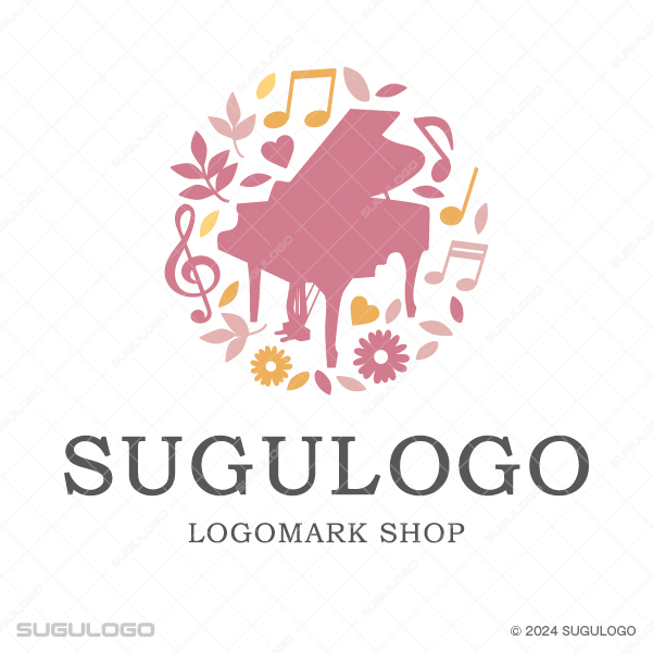 グランドピアノを中央に配し、グランドピアノと音符、植物が円形にデザインされた、優雅な音楽と癒やしの空間をイメージさせるロゴマーク