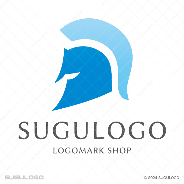 青いグラデーションで描かれた古代戦士の兜の横顔、守護と強固な意志をイメージさせる洗練されたロゴマーク