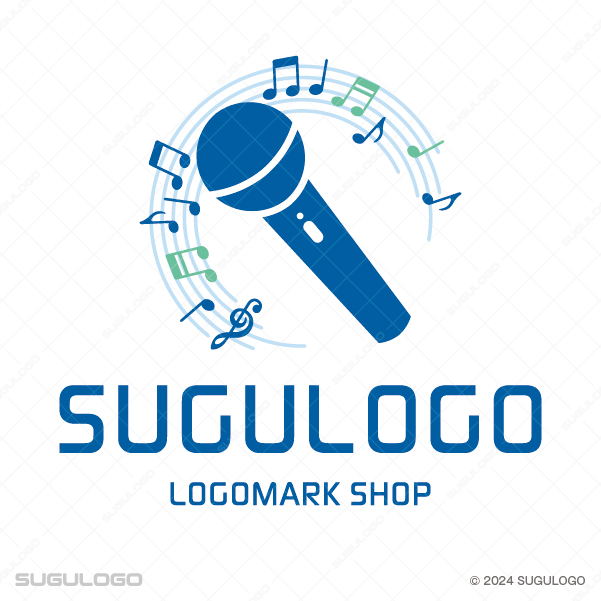 青いマイクの周りを音符が軽やかに舞っている、歌の楽しさと音楽の躍動感をイメージさせるモダンなロゴマーク