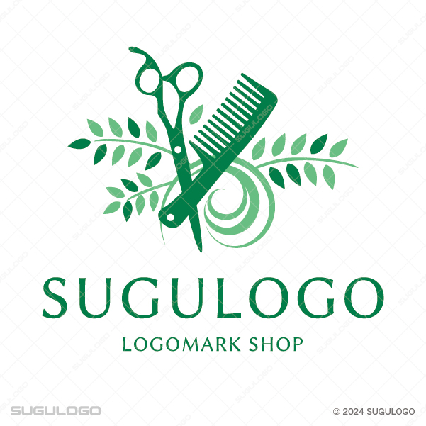 洗練されたハサミとクシの背景に植物の葉が広がる、高い技術力と心地よい調和をイメージさせるモダンなロゴマーク