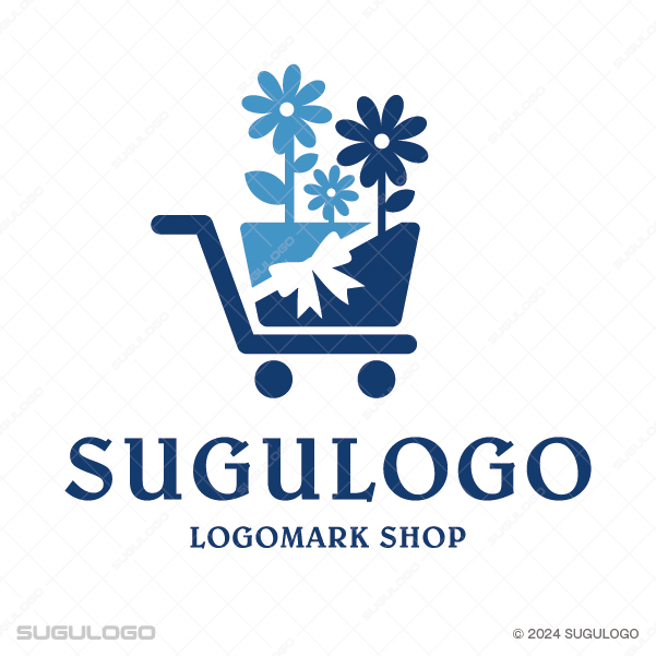 青いショッピングカートにリボン付きのギフトと花束が載った、心のこもった贈り物と買い物をイメージさせるロゴ