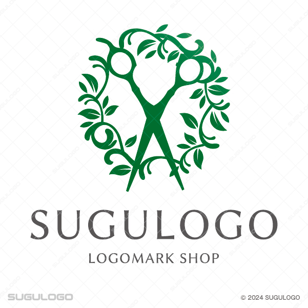 円を描くように植物の葉がハサミを囲んでいる、洗練された技術と上質な調和をイメージさせるモダンなロゴ