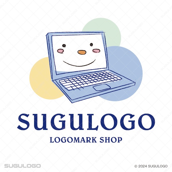 手描き風の笑顔が描かれたノートパソコンと、背後にパステルカラーの円が並ぶ、親しみやすいITロゴマーク