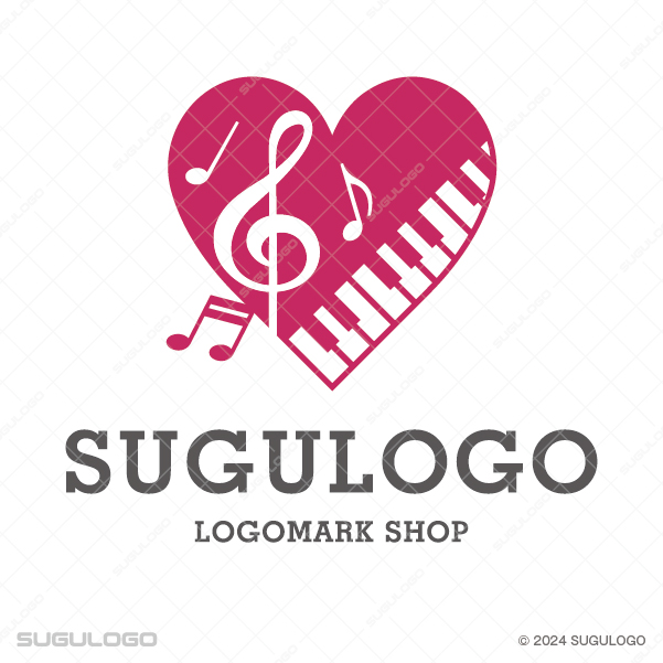 ピンクのハートの中にピアノの鍵盤とト音記号、音符が描かれた、音楽への愛と情熱をイメージさせるロゴマーク