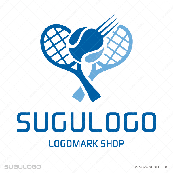 二本のテニスラケットがV字型に交差し中央にボールを配した、勝利への意志と躍動感をイメージさせるモダンなロゴ