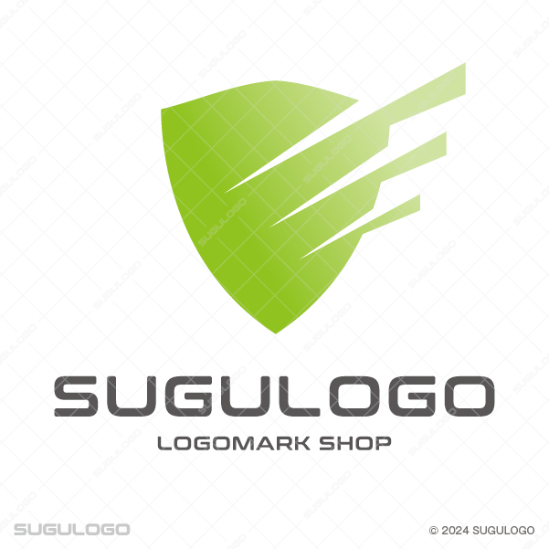 黄緑色の盾に3本の白いラインが斜めに走り、守りとスピード感を同時に表現した洗練されたエンブレムロゴ