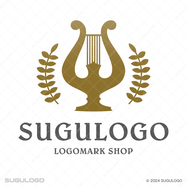 黄金色の竪琴を左右から月桂樹の枝が囲んでいる、伝統的な芸術性と名誉をイメージさせる洗練されたロゴ