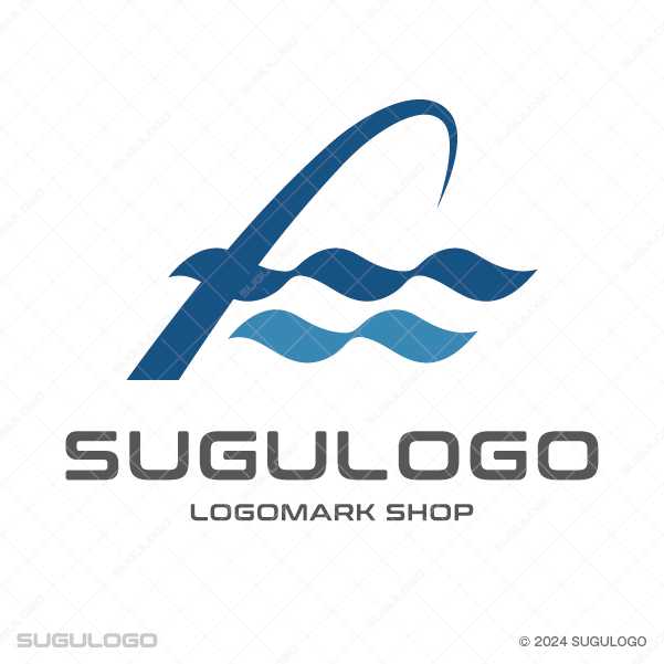 しなる釣り竿がアルファベットのfを描き、足元に二層の波が広がる、躍動感あるフィッシングロゴデザイン