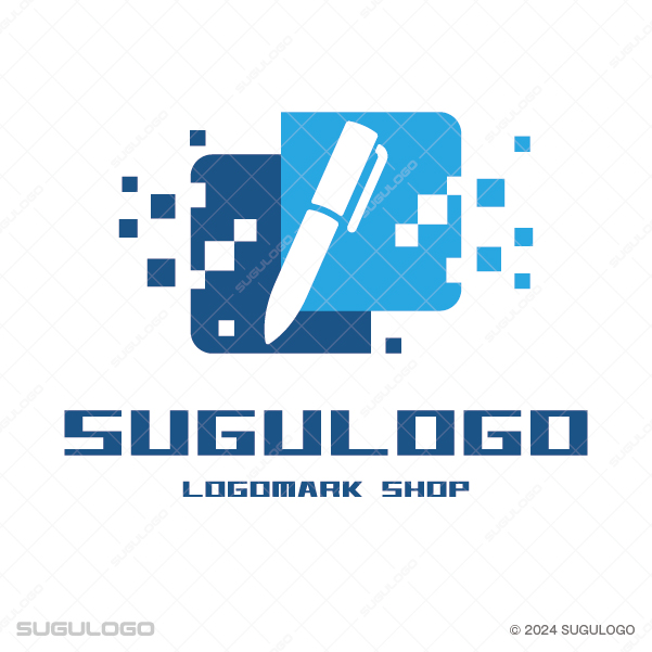 青いピクセルの集合体から白いペンが浮かび上がっている、デジタルとアナログの融合をイメージさせるロゴ